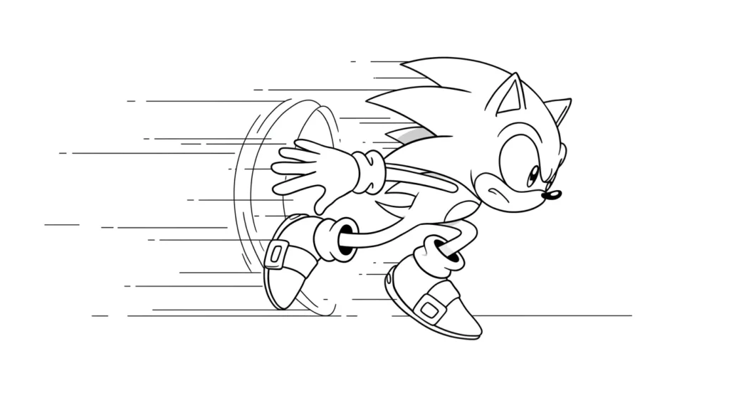 Desenho do Sonic Acelerando: Pinte o Famoso Ouriço Azul Arte do Sonic para colorir mostrando o ouriço azul em disparada para a direita, inclinado, com linhas de movimento atrás dele.