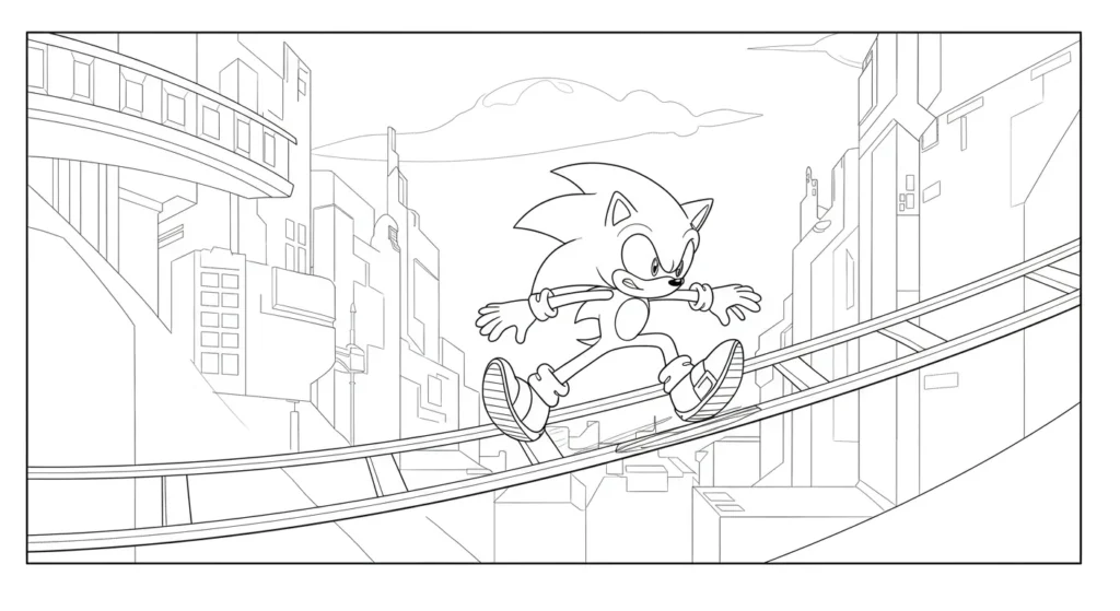 Desenho do Sonic correndo em cidade futurista para colorir Sonic, o ouriço azul, em desenho para pintar, corre velozmente por trilhos elevados numa cidade futurista com arquitetura angular.