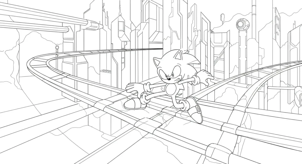 Desenho do Sonic Correndo em Trilhos na Cidade Futurista Desenho para colorir do Sonic deslizando rápido em trilhos numa cidade moderna. O ouriço azul está focado e equilibrado na corrida veloz pela paisagem urbana.