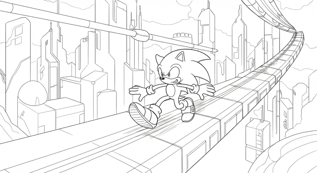 Desenho do Sonic correndo na cidade futurista para colorir Desenho para colorir mostra Sonic, o ouriço azul, correndo muito rápido sobre uma pista elevada numa cidade futurista com prédios altos.