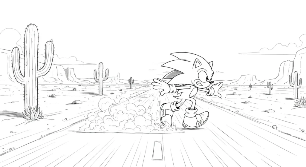 Desenho do Sonic Correndo no Deserto para Pintar e Colorir Desenho para colorir do Sonic, o ouriço azul, correndo velozmente numa estrada do deserto, com poeira e cactos grandes ao redor.