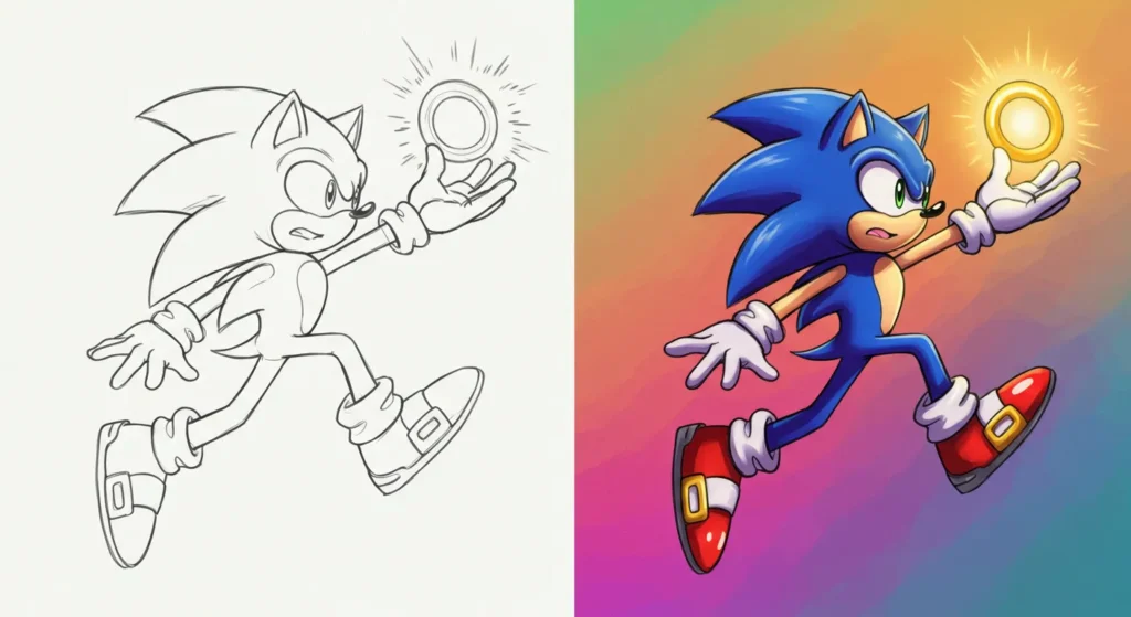 Desenho do Sonic Correndo para Colorir e Pintar em Casa Arte do Sonic para atividades de colorir. O ouriço azul corre depressa, segurando um anel dourado. Comparativo de traços e cores.