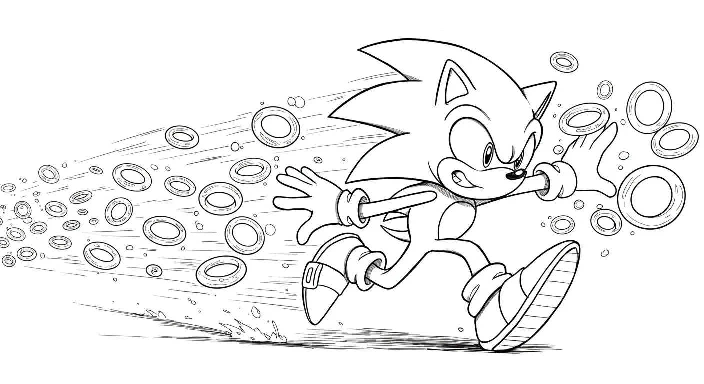 Desenho para atividades de colorir mostrando Sonic, o ouriço azul, correndo muito rápido da esquerda para a direita, com vários anéis dourados flutuando.