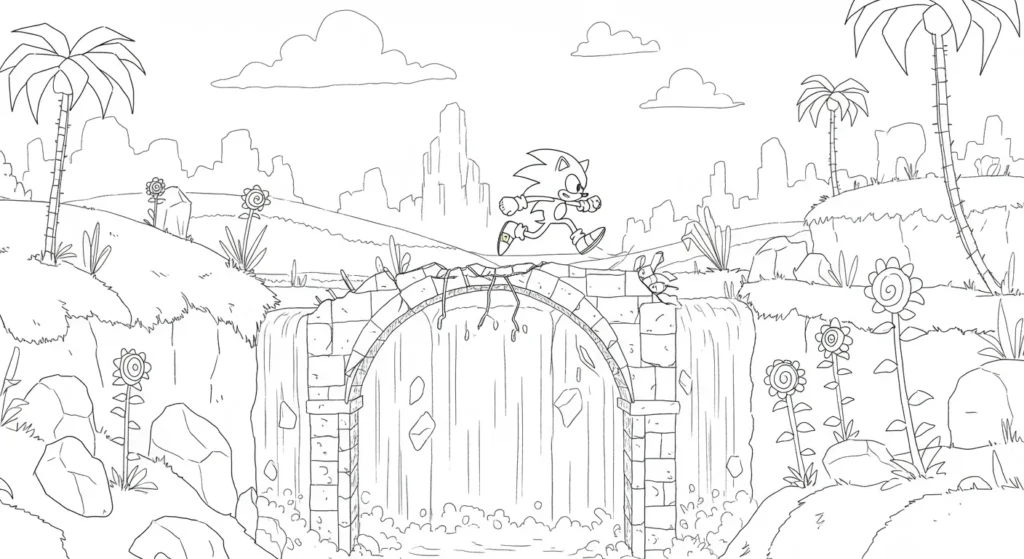 Desenho do Sonic correndo sobre arco e cachoeira para colorir Desenho para colorir do Sonic correndo muito rápido sobre um arco de pedra antigo acima de uma cascata, com palmeiras e cenário natural ao redor.