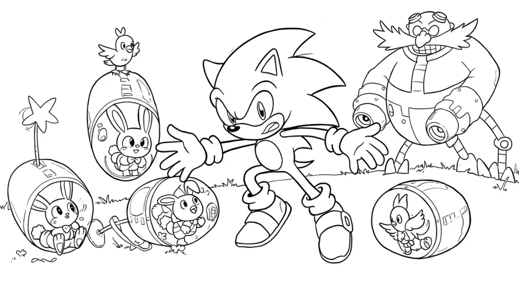 Desenho do Sonic enfrentando Dr Eggman para colorir e brincar Desenho para colorir com Sonic pronto para lutar contra Dr. Eggman e salvar os animais presos em cápsulas transparentes no chão gramado.