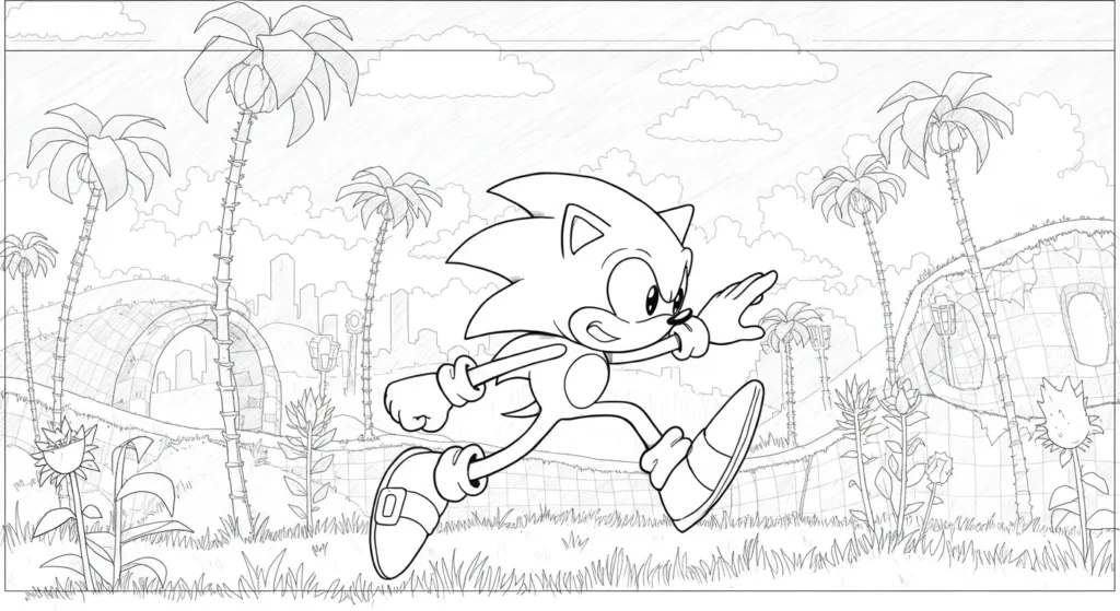 Desenho do Sonic para colorir correndo em paisagem tropical Desenho para colorir do Sonic, o ouriço azul, a correr numa paisagem tropical vibrante com colinas, palmeiras e um grande loop ao fundo.