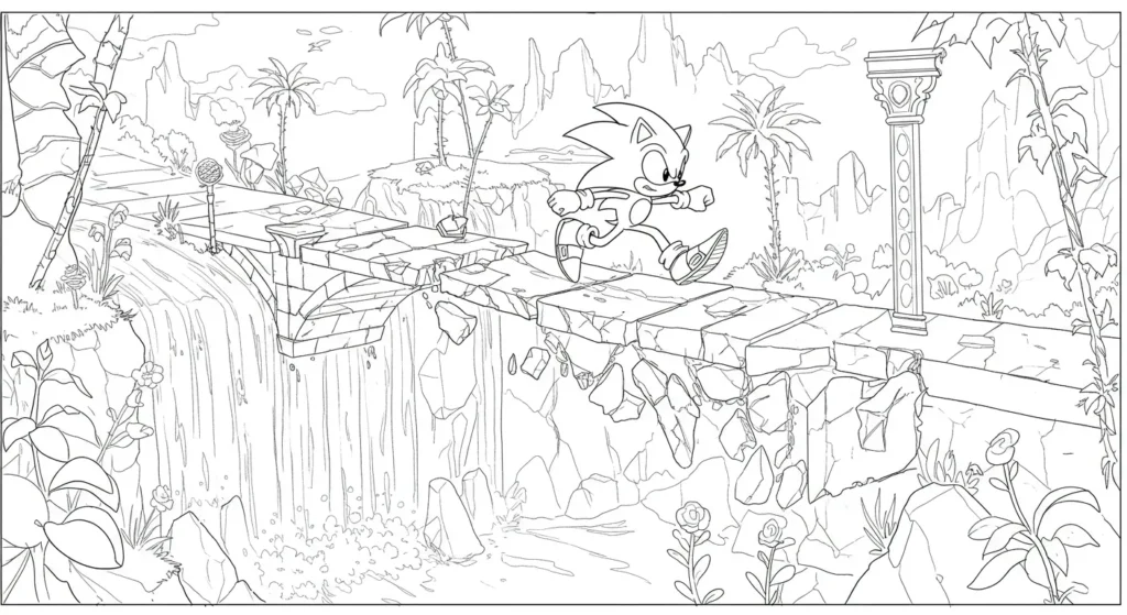 Desenho do Sonic para Colorir Correndo em Ponte Antiga na Selva Desenho para colorir do Sonic em alta velocidade sobre uma ponte de pedra antiga, com uma cachoeira e rio abaixo, em meio a uma selva com palmeiras e ruínas.