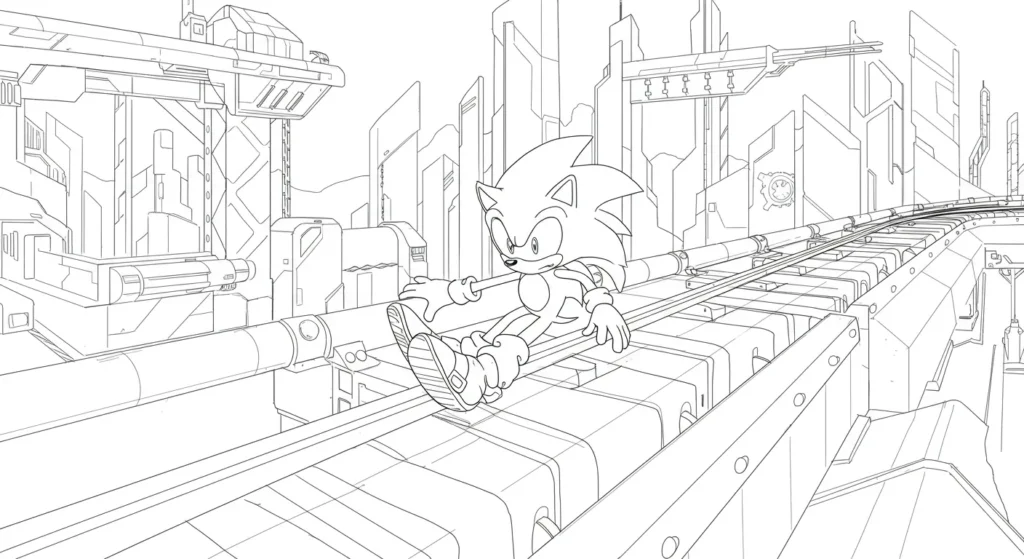 Desenho do Sonic para colorir em trilhos numa cidade futurista Desenho para colorir do Sonic, o ouriço azul, em pose dinâmica deslizando sobre trilhos numa cidade tecnológica com arranha-céus ao fundo.