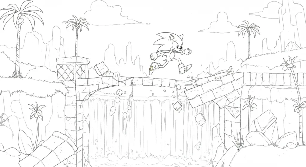 Desenho do Sonic pulando ponte quebrada com cachoeira ao fundo Desenho de Sonic, o ouriço azul, saltando uma ponte de pedra que desmorona. Abaixo, uma cachoeira; ao fundo, palmeiras e céu com nuvens.
