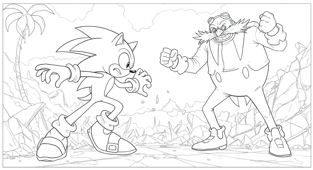 Desenho do Sonic vs Dr Eggman para Colorir em Cenário Rochoso Desenho para colorir com Sonic à esquerda pronto para lutar contra Dr Eggman à direita, sorrindo, em um ambiente rochoso destruído e com uma palmeira ao fundo.