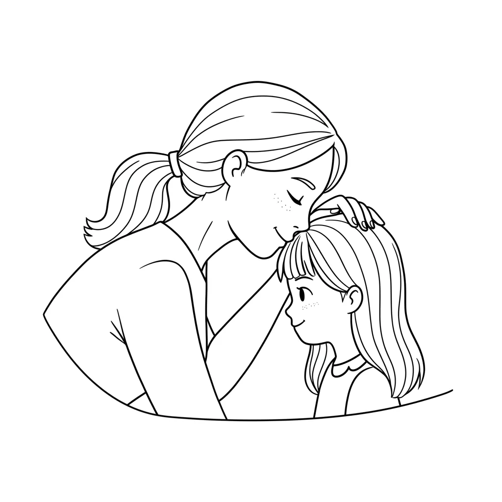 Desenho fácil de mãe beijando filha para colorir e imprimir Desenho para atividades de pintura: mãe com cabelo preso em rabo de cavalo beija a testa da filha pequena com franja e cabelo nos ombros.