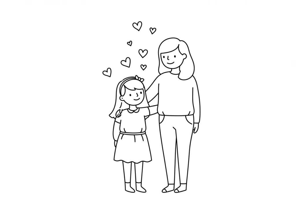 Desenho fácil de mãe e filha abraçadas para colorir e imprimir Desenho para colorir: mãe de cabelo médio abraça filha de vestido e tiara. Ambas sorriem. Corações flutuam. Fundo branco ideal para pintar.