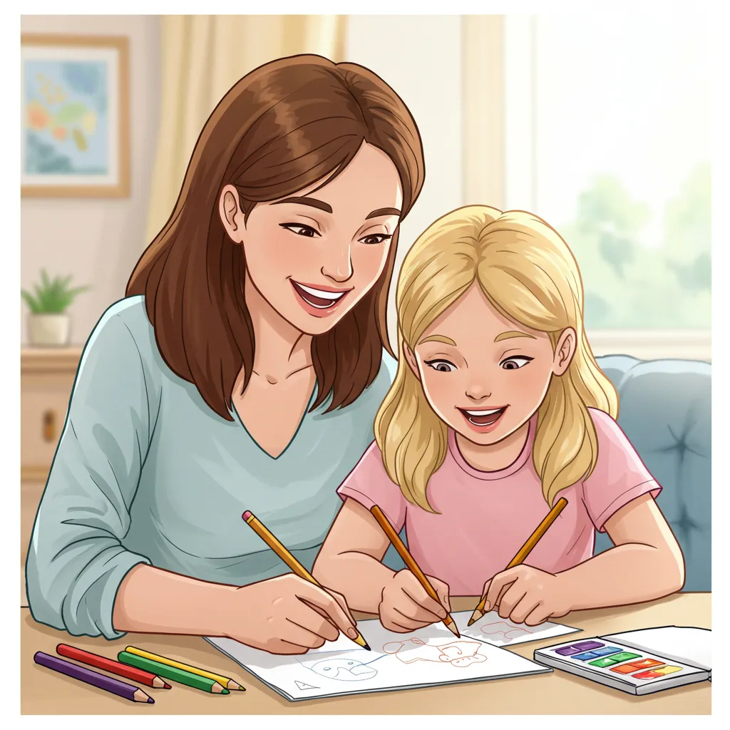 Cena afetuosa de mãe e filha criando juntas à mesa. A mãe sorri e usa lápis amarelo; a filha, animada, segura lápis. Desenho para colorir.