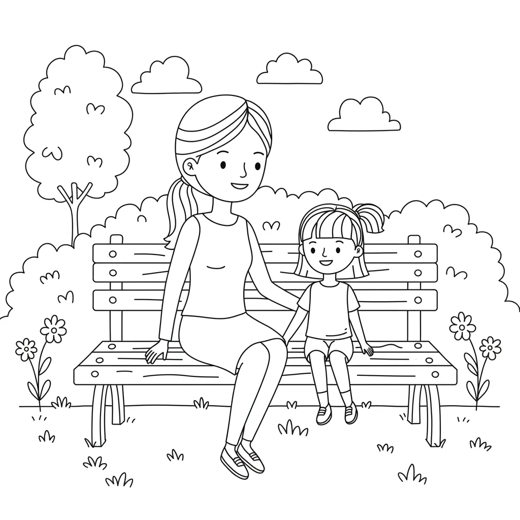 Desenho fácil de mãe e filha no parque para colorir e imprimir Desenho de mãe e filha sorrindo em banco de parque para colorir. Cenário com grama, flores e árvore. Atividade de pintura para imprimir.