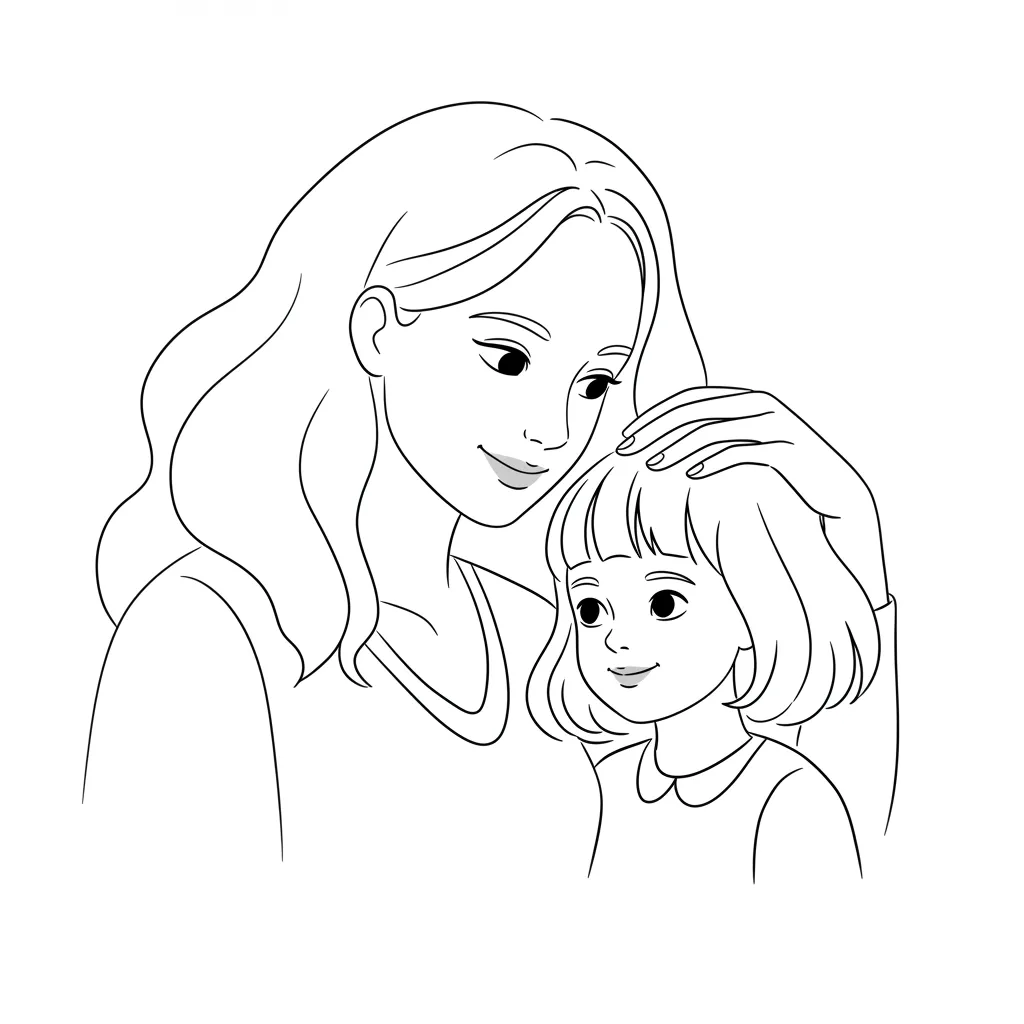 Desenho fácil de mãe e filha para colorir e imprimir agora Desenho para pintar de mãe com cabelos longos olhando filha de cabelo curto com carinho; ambas sorriem, mostrando forte afeto.