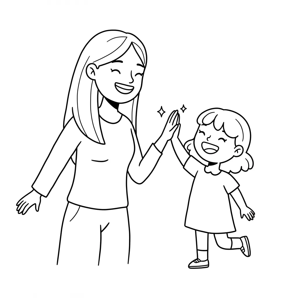 Desenho fácil de mãe e filha para colorir e imprimir juntas Desenho simples de mãe e filha felizes fazendo 'high five' para pintar. A mulher de cabelo comprido e a menina de vestido celebram juntas com sorrisos.