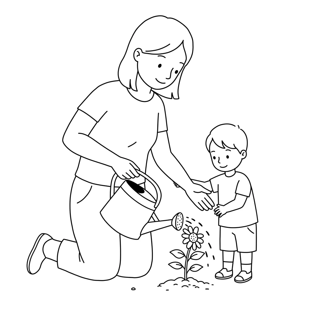 Desenho fácil de mãe e filho cuidando de planta para colorir Desenho para pintar mostra mulher de cabelo curto, ajoelhada, regando uma flor, e menino pequeno ao lado, observando contente; cena familiar de jardinagem.