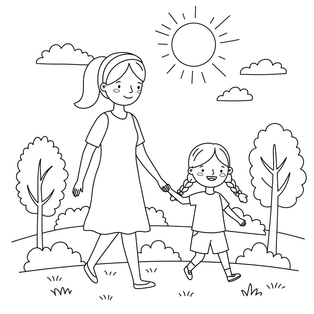 Desenho fácil para pintar de mãe e filha de mãos dadas ao ar livre Desenho para colorir: mãe de vestido e filha de shorts sorrindo de mãos dadas, passeando em um dia ensolarado com grama e árvores.