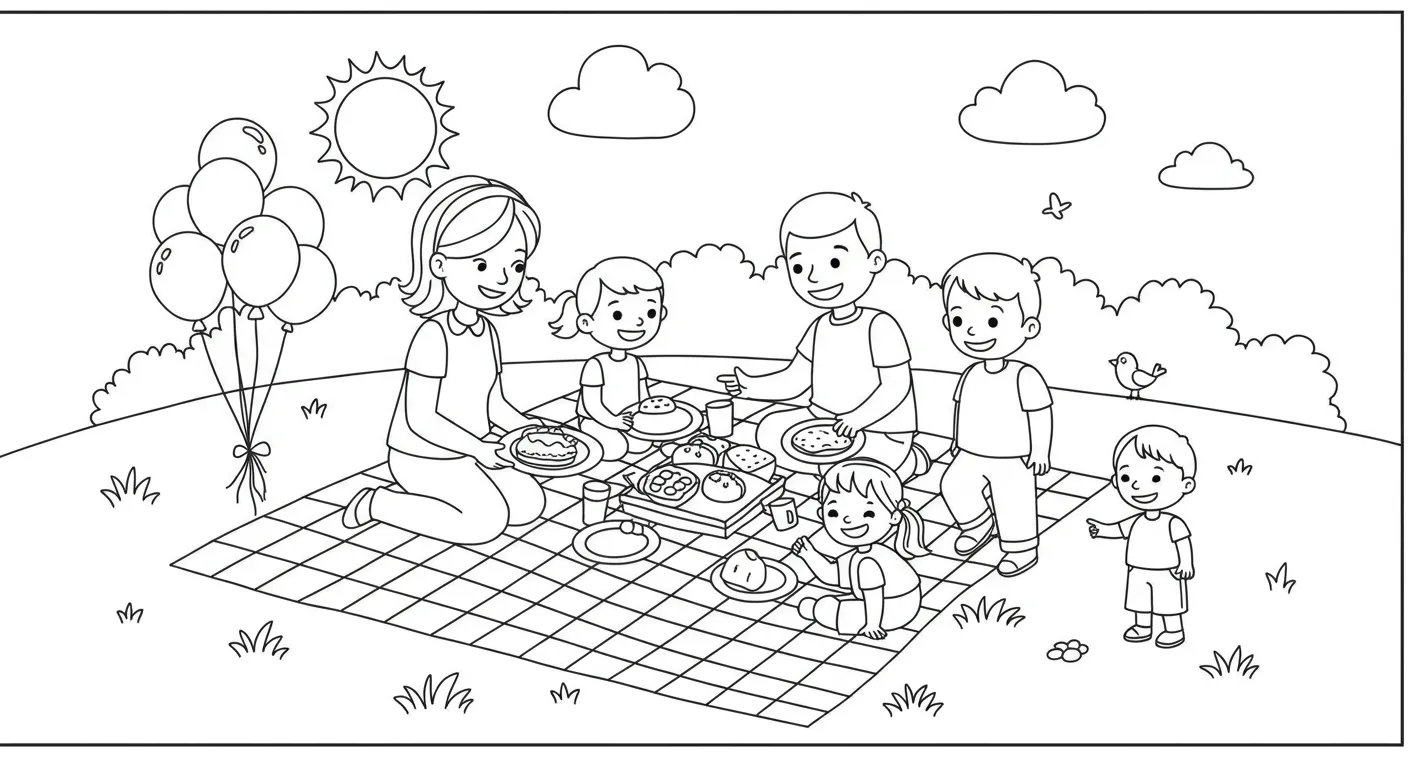 Desenho para pintar do Dia das Mães 2025: Família reunida em piquenique alegre no parque com sol, nuvens e balões.