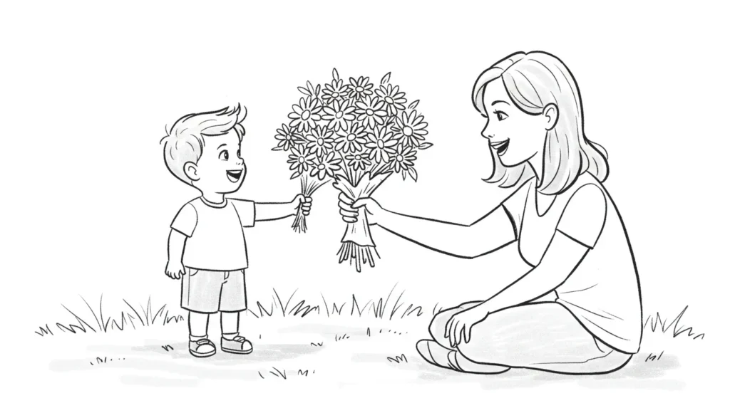 Desenho Feliz Dia das Mães 2025 para Colorir: Filho e Mãe Desenho para pintar do Dia das Mães 2025. Menino oferece flores à mãe sentada na grama. Ambos sorriem em uma cena afetuosa ao ar livre, pronta para colorir.