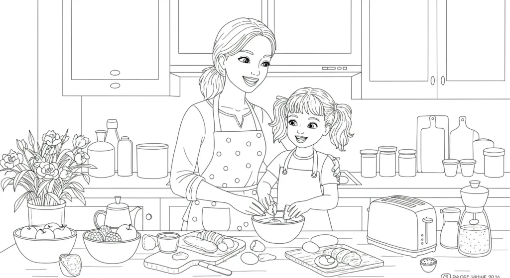 Desenho Feliz Dia das Mães 2025 para Colorir: Mãe e Filha na Cozinha Desenho para colorir do Dia das Mães 2025: Mãe com avental e filha com maria-chiquinhas cozinham juntas, sorrindo, em uma cozinha cheia de alegria e utensílios.