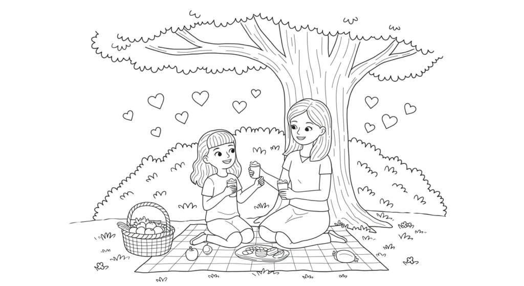 Desenho Feliz Dia das Mães 2025: Piquenique Afetuoso para Colorir Desenho de Feliz Dia das Mães 2025 para colorir mostra mãe e filha em piquenique sob árvore. Estão sorrindo, com cesta de frutas e lanches ao lado.