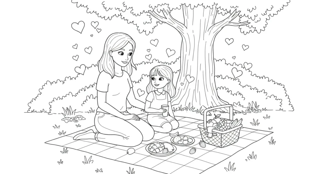 Desenho para Colorir Feliz Dia das Mães 2025: Piquenique Afetuoso Desenho de Dia das Mães 2025 para colorir mostrando mãe e filha num piquenique feliz sob uma árvore, com cesta, comida e corações flutuando.