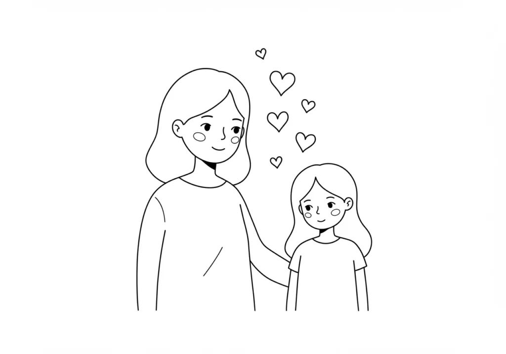 Desenho para colorir: Mãe e filha em momento de carinho e afeto Desenho para pintar de mãe e filha em momento afetuoso. Ambas sorriem. Corações flutuam, mostrando seu laço. Traços para colorir.