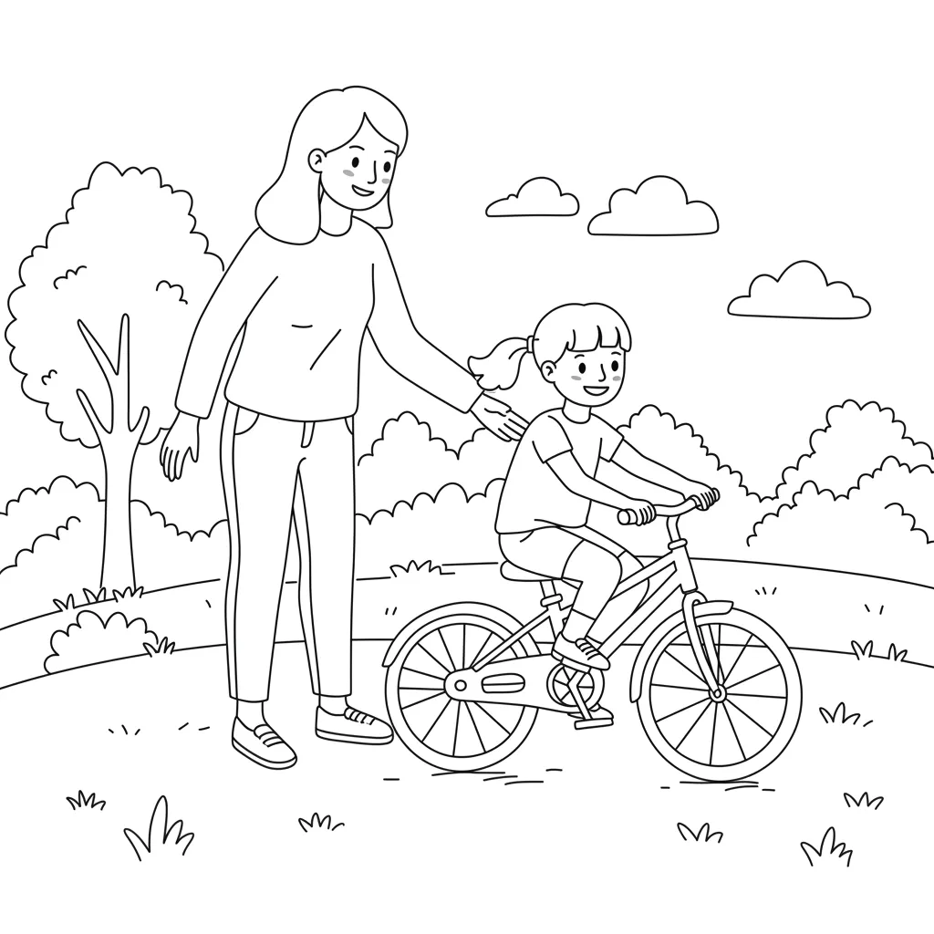 Desenho para colorir: mãe ensina filha a andar de bicicleta Desenho para colorir com mãe e filha: mulher ampara menina que aprende a andar de bicicleta sorrindo. Ambiente externo com gramado.