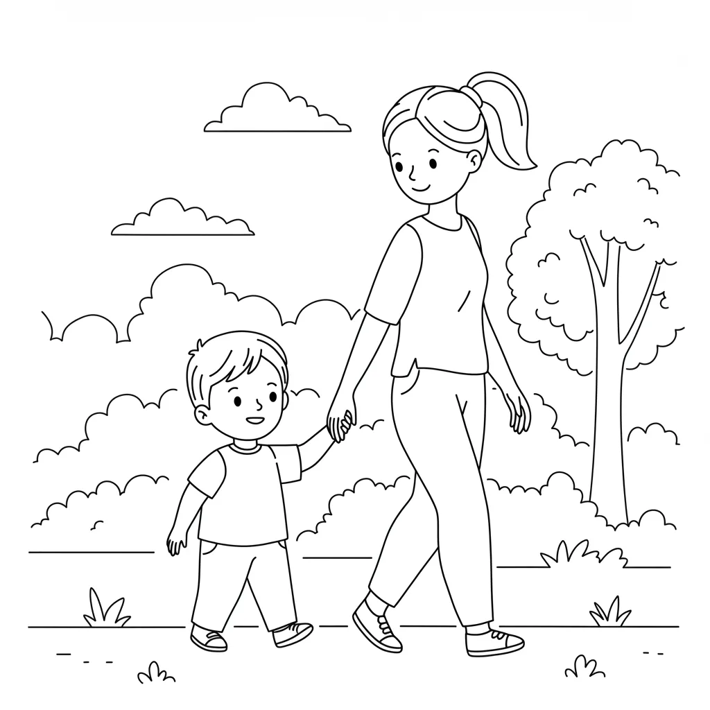 Desenho simples de mãe e filho felizes para colorir e imprimir Desenho de uma mulher com rabo de cavalo e um menino pequeno sorrindo, andando de mãos dadas, árvore e nuvens. Desenho fácil para imprimir e colorir.