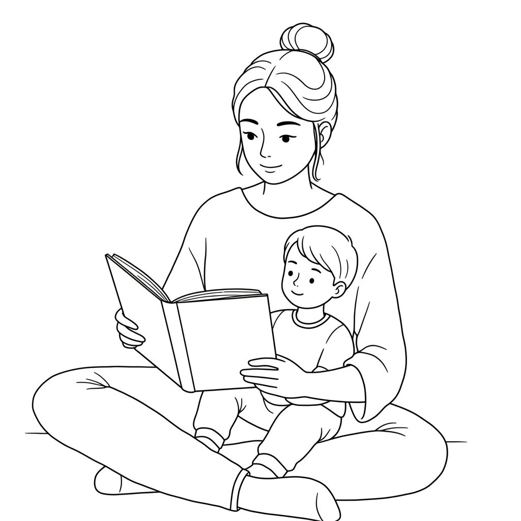Desenho simples de mãe lendo para filho no colo para colorir Desenho fácil para pintar: Mãe lê livro para filho no colo. Mulher de coque, sentada no chão, ambos atentos à leitura. Bom para imprimir.