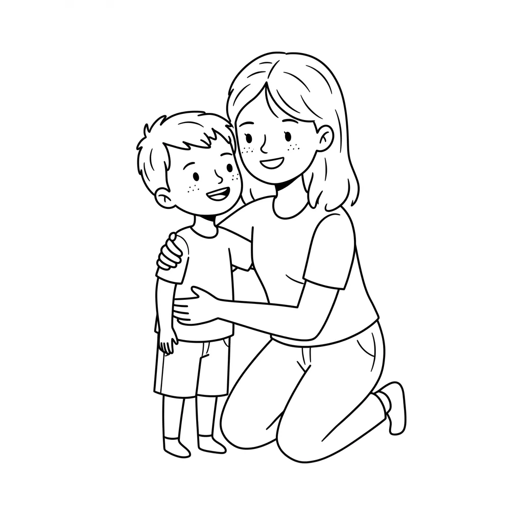Desenho terno de mãe e filho abraçados para colorir e imprimir Desenho afetivo de mãe ajoelhada abraçando seu filho pequeno. Ambos sorriem, expressando alegria e conexão familiar.