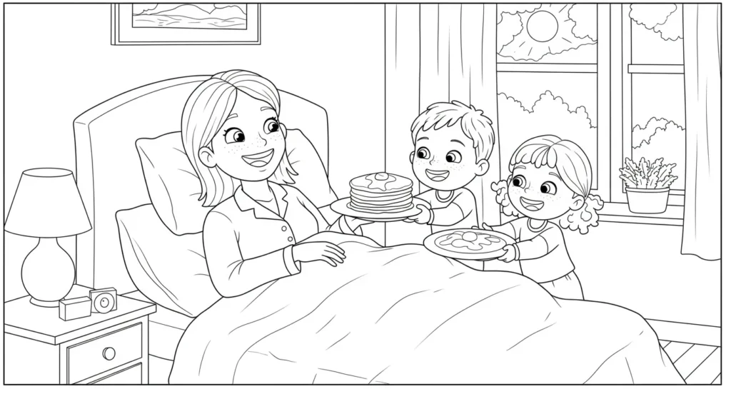 Feliz Dia das Mães 2025: Desenho afetuoso de filhos e mãe na cama Desenho para pintar do Dia das Mães 2025. Mãe feliz na cama recebe café da manhã dos filhos: menino com panquecas e menina com ovos. Quarto ensolarado.