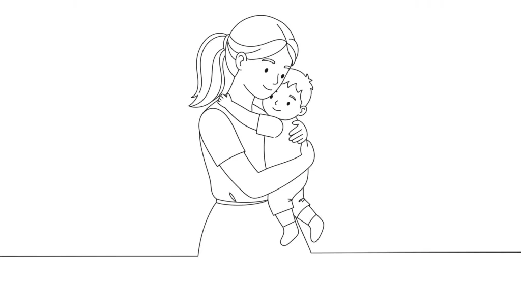 Feliz Dia das Mães 2025: Desenho Afetuoso para Pintar Arte para colorir Dia das Mães 2025. Mulher de rabo de cavalo abraça criança pequena. Sorrisos ternos, traços simples, fundo branco.