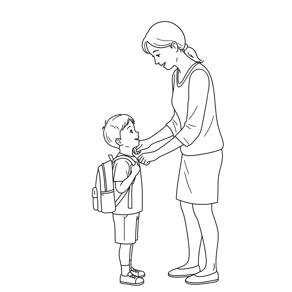 Figura Afetuosa de Mãe Cuidando do Filho Pequeno para Pintar Figura de mãe sorridente ajeitando a gola do filho pequeno com mochila. Cena afetuosa com traços claros, perfeita para atividades de colorir.