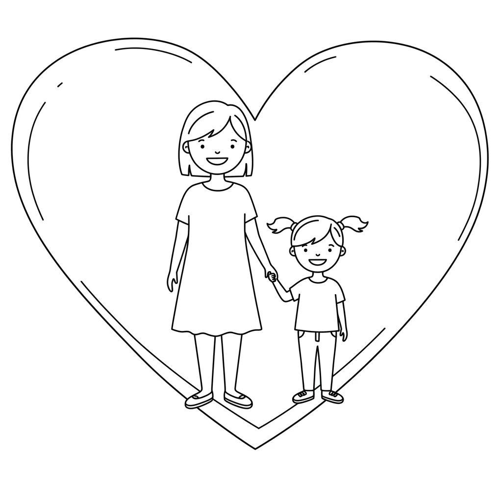 Lindo desenho de mãe e filha de mãos dadas para pintar Desenho para pintar com traços simples de uma mulher e uma menina sorrindo, de mãos dadas, posicionadas dentro de um coração grande.