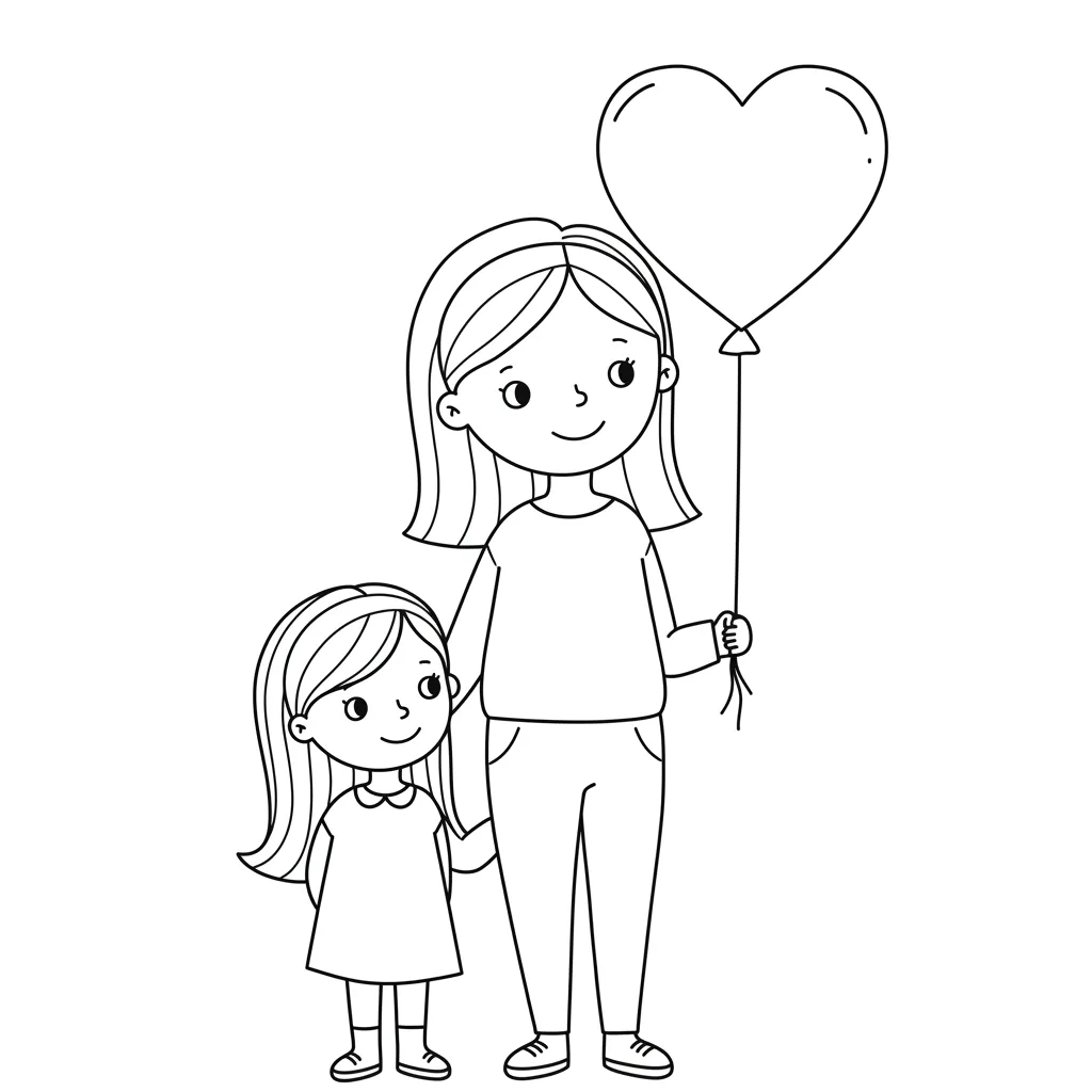 Mãe e filha de mãos dadas com balão de coração para pintar Desenho simples para colorir com uma mãe e sua filha de pé, sorrindo. A mulher segura um balão em formato de coração e também a mão da menina.