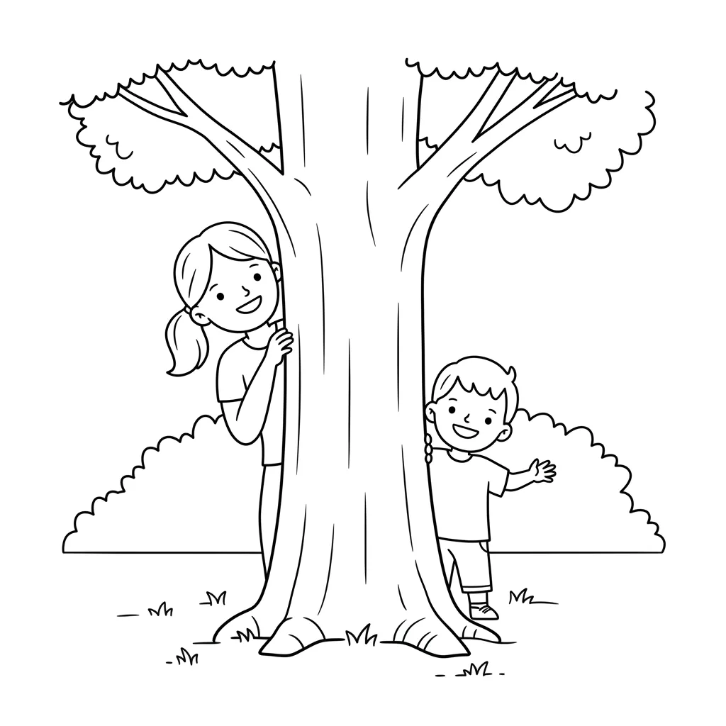 Menina e Menino Felizes Espiando Atrás de Tronco para Colorir Desenho para colorir com menina de rabo de cavalo e menino de cabelo curto sorrindo atrás de árvore grande. Fundo com arbustos e grama.