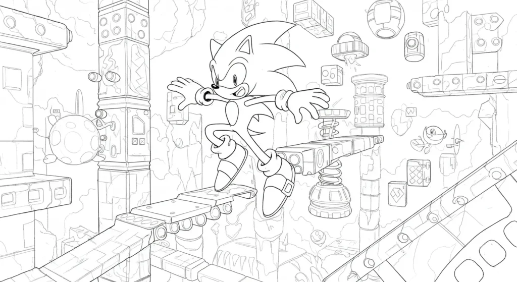 Sonic em Ação: Desenho para Pintar com Plataformas e Robôs Desenho para colorir do Sonic saltando por um cenário de jogo com plataformas, molas vermelhas, caixas e robôs inimigos variados.