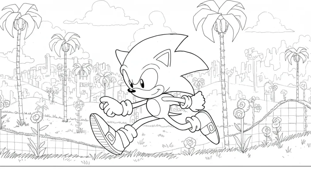 Sonic o Ouriço Azul a Toda Velocidade: Desenho para Pintar Desenho para colorir com Sonic, o ouriço azul, correndo velozmente para a direita num cenário típico dos seus jogos, exibindo colinas e uma estrutura de loop.