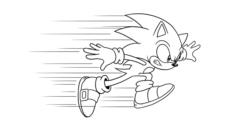 Sonic o Ouriço Veloz Pronto para Colorir: Muita Ação e Aventura Sonic em ação para colorir: o ouriço corre velozmente, postura dinâmica, braços estendidos, olhar fixo, sorriso e efeito de rapidez atrás dele.