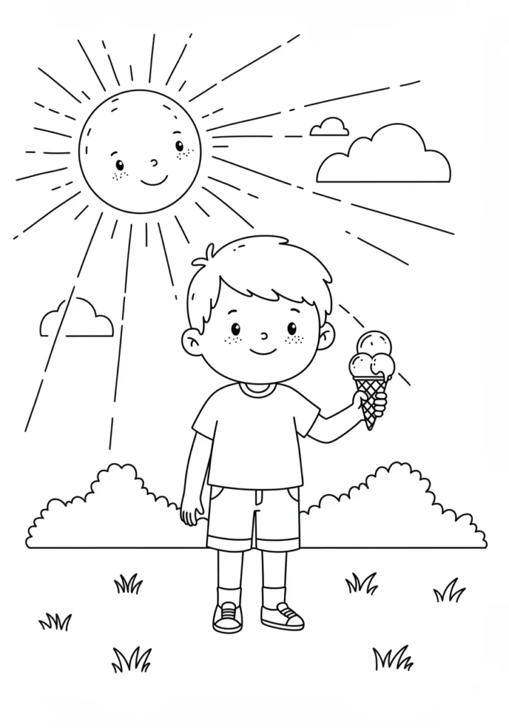Atividade de colorir para menino: Garoto em dia de sol Desenho para pintar: Garoto com sardas e camiseta, feliz com seu sorvete de duas bolas num dia ensolarado com nuvens.