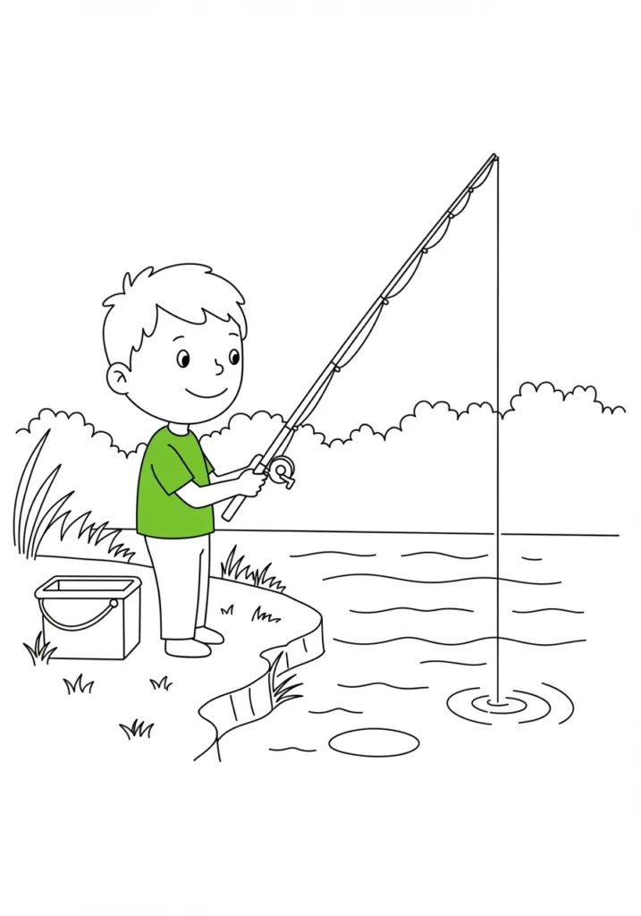 Atividade para colorir Menino pescando na beira do rio Garoto para colorir pescando na beira da água. Ele usa camiseta, segura a vara com as duas mãos e tem um balde perto na grama