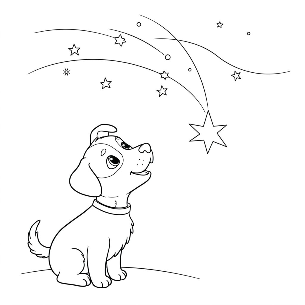 Cachorrinho com Estrela Cadente: Desenho para Colorir Cachorro sentado, com coleira, olha encantado para uma grande estrela cadente. Desenho para colorir com rastro luminoso.