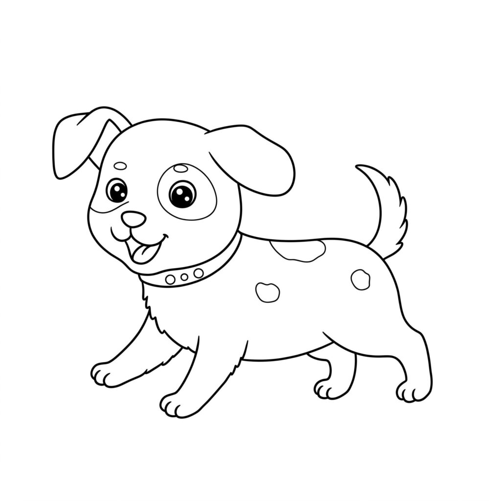 Cachorro Feliz para Colorir: Desenho Fácil e Muito Divertido Cachorro amigável de pé para pintura, com língua para fora. Apresenta orelhas caídas, uma mancha em um olho e uma coleira.