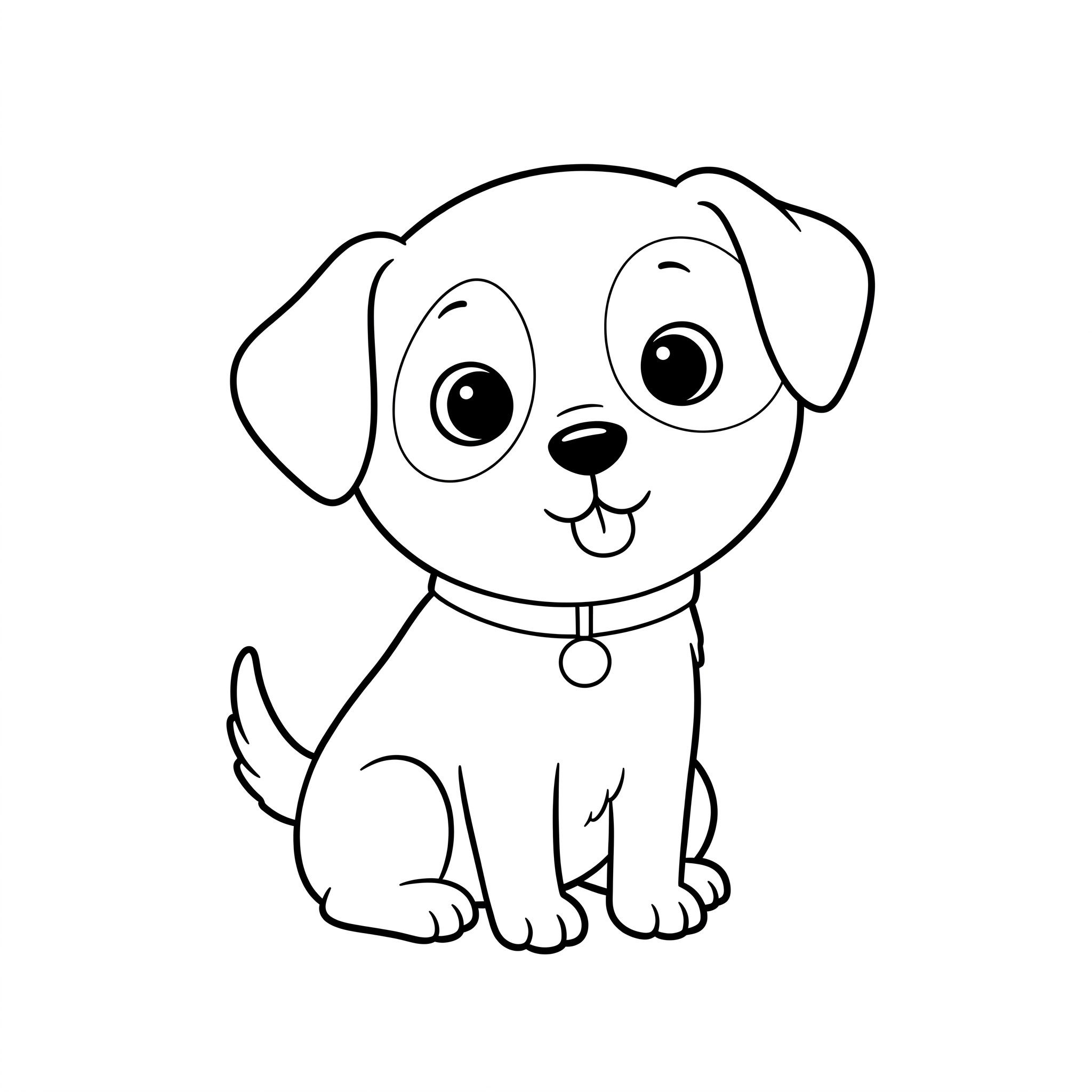 Um cãozinho feliz sentado, desenhado com linhas simples e espessas. Tem olhos grandes e redondos e orelhas caídas.