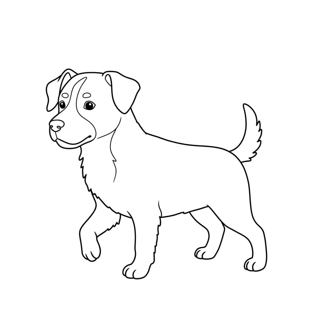Desenho de cachorro amigável caminhando para colorir fácil Cachorro em perfil andando, pata dianteira no ar, orelhas caídas, olhar dócil, rabo erguido. Traçado simples para pintura.