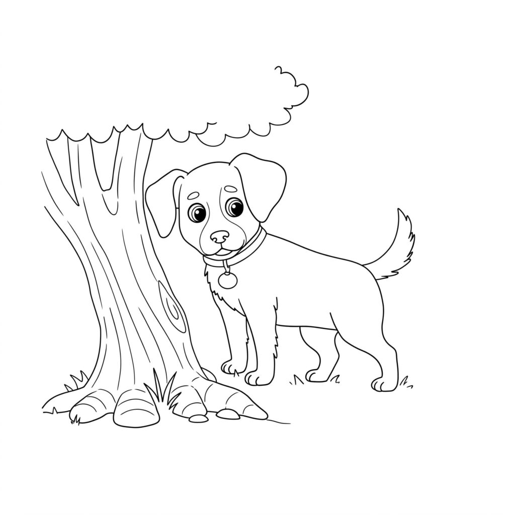 Desenho de Cachorro Fácil para Colorir: Adorável e Árvore Um filhote de cachorro com olhos grandes e coleira ao lado de uma árvore frondosa com raízes expostas.