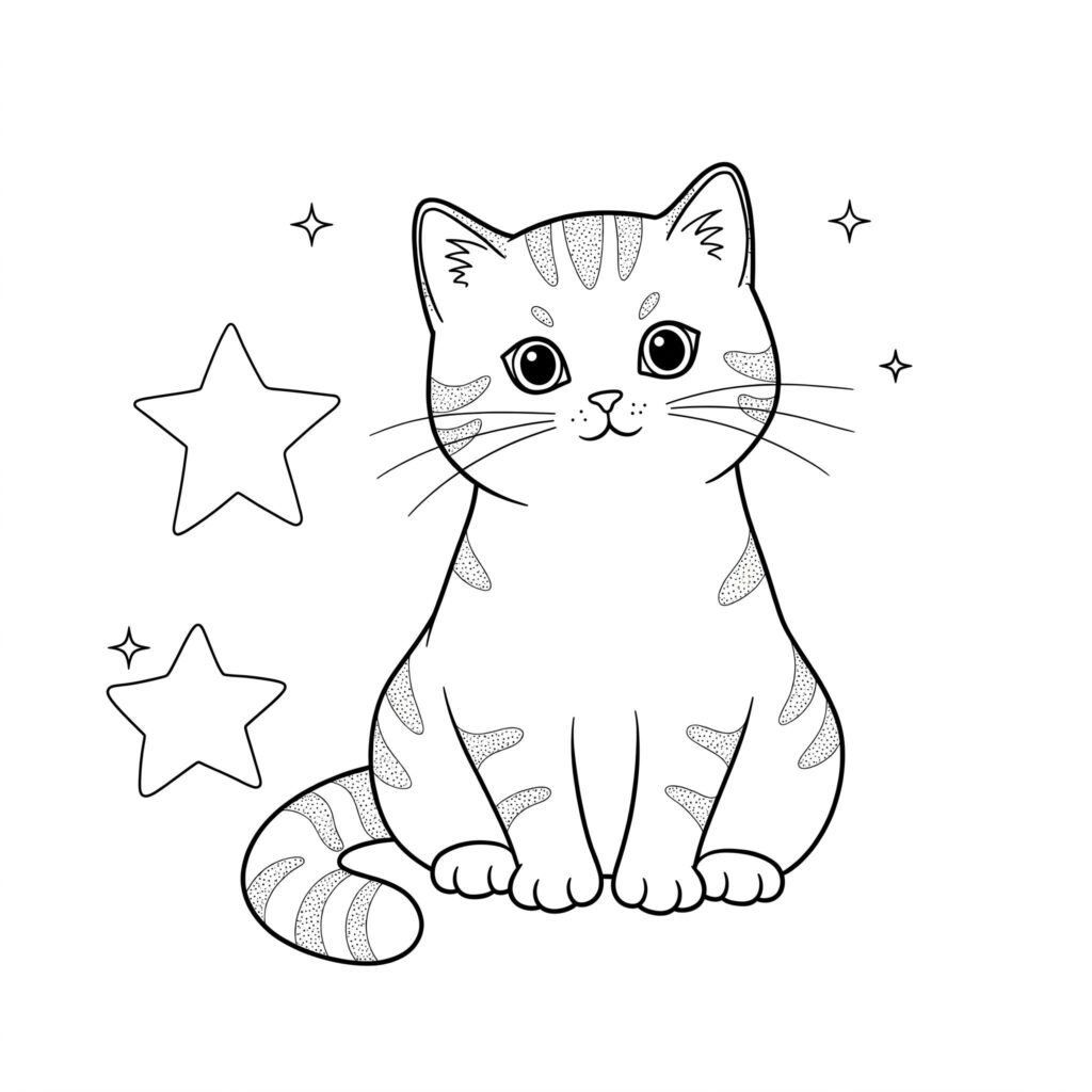 Desenho de Gato Fofo para Colorir e Imprimir Gato adorável sentado, com listras pontilhadas e sorriso gentil, ideal para atividades de colorir.