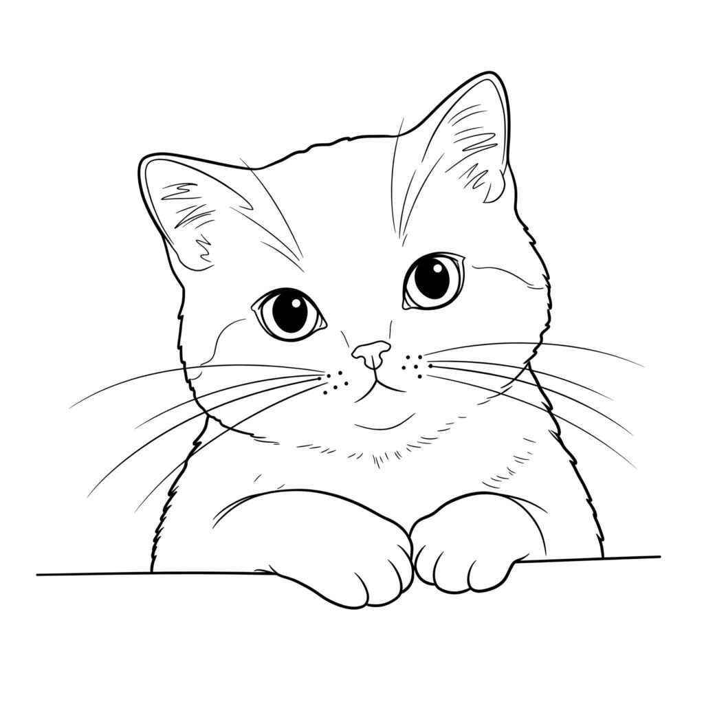 Desenho de Gato Fofo para Colorir e Imprimir: Alegre Gato adorável espiando, patas dianteiras apoiadas. Olhos grandes, redondos, curiosos. Nariz pequeno, sorriso.
